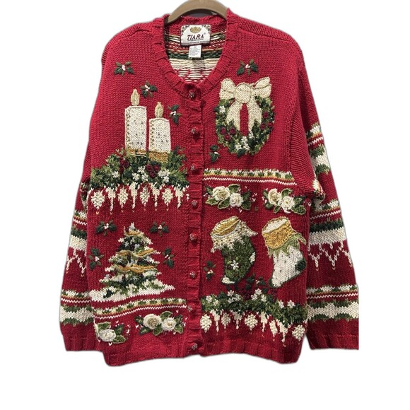 Tiara Int’l XL Red Christmas Cardigan Sweater Beaded Embroidered Holiday Ramie - Picture 1 of 7